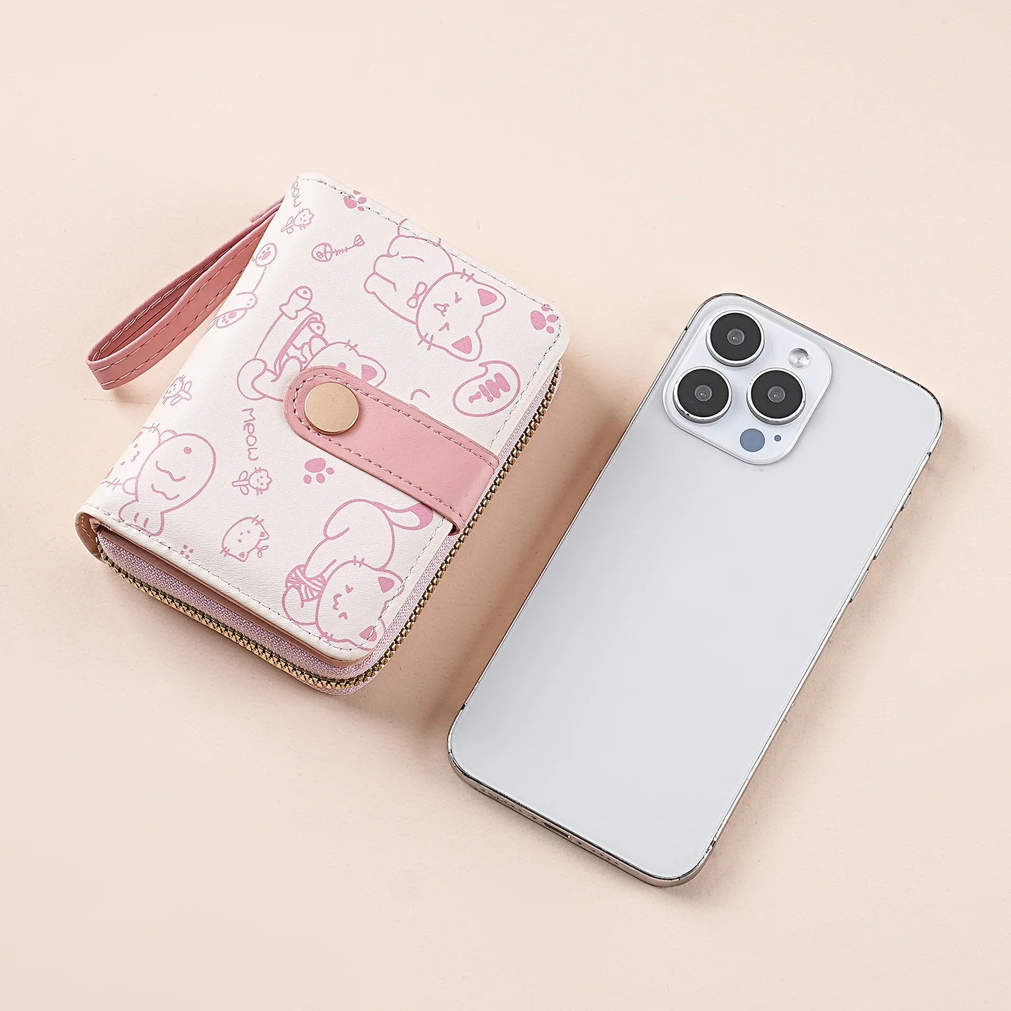 Cute Kawaii Cat Pattern Wallet for Women and Ladies Coin Purse with ID Window and Credit Card Holder Compact Wallet