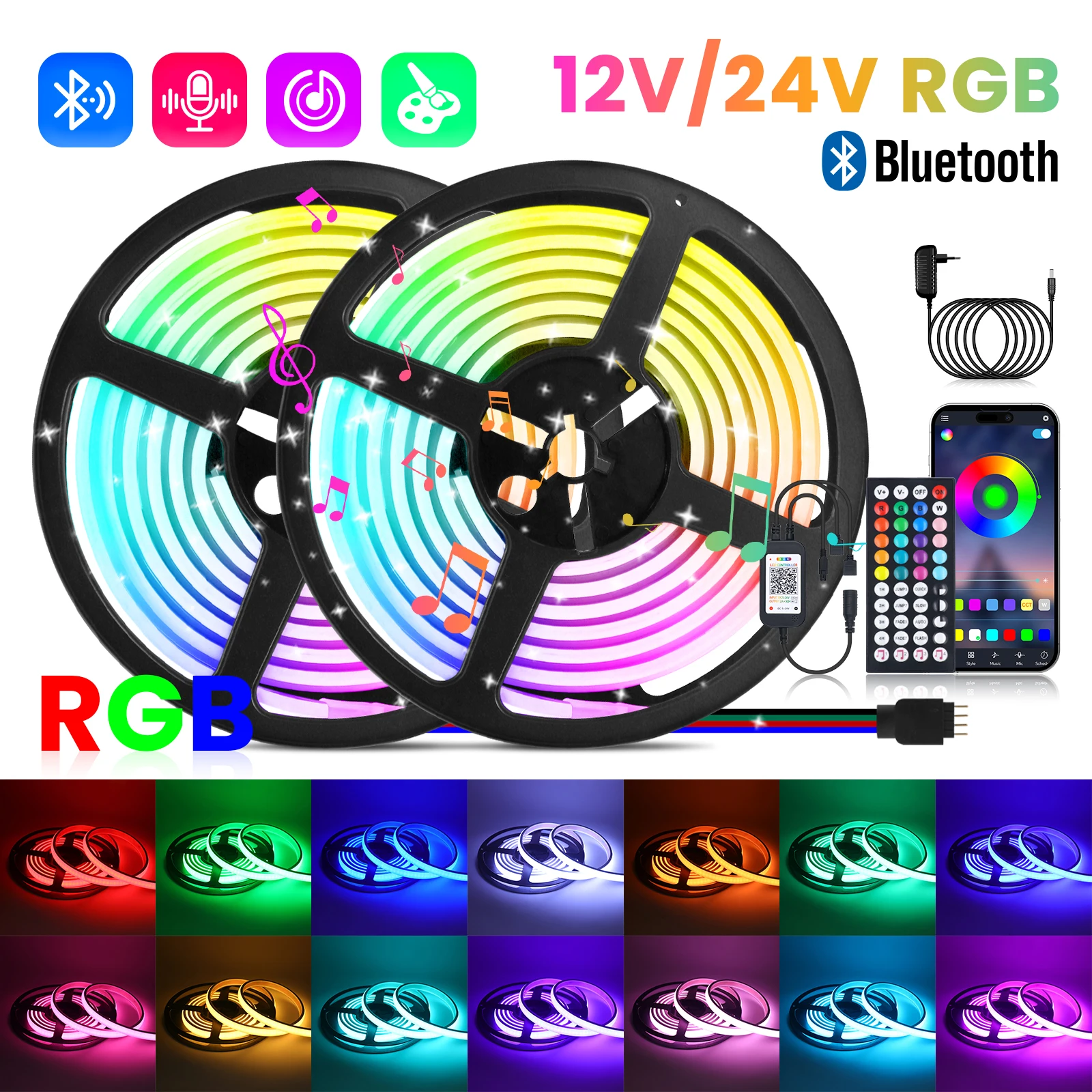 

Светодиодные ленты Bluetooth COB 12 В 24 В 576 светодиодов/м RGB неоновый веревочный светильник с дистанционным управлением Синхронизация музыки Водонепроницаемая лента