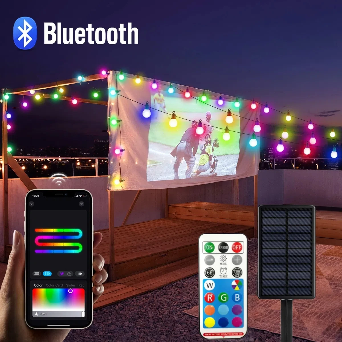 

Bluetooth APP Control Солнечная светодиодная гирлянда, 15 м, 25 лампочек, гирлянда, для комнаты, открытого сада, кемпинга, рождественского свадебного декора
