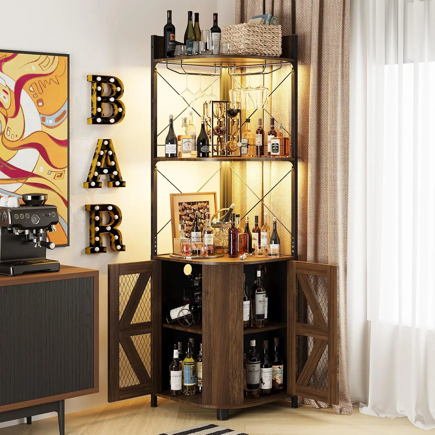 Industrial Bar Cabinet with LED Lights & Power Outlet, 5-Tier Wine Storage with Glass Holder, 63 Inch Home Liquor Cabinet, Dark