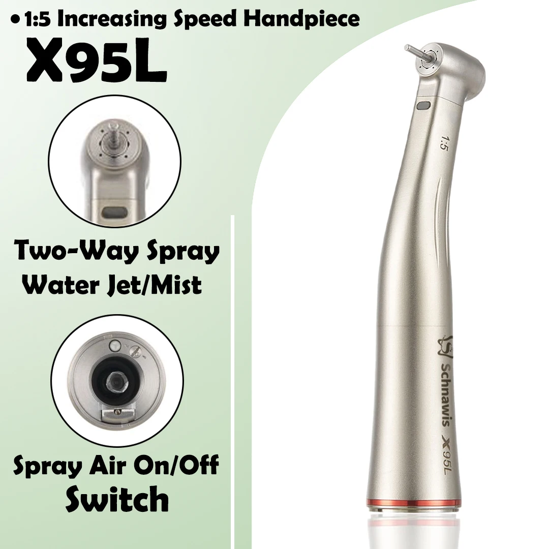 X95L contraangulo Spray Air On/Off Switch Dental 1:5 Increasing Speed Handpiece Against Contra Angle LED Optic Fiber Red Rings