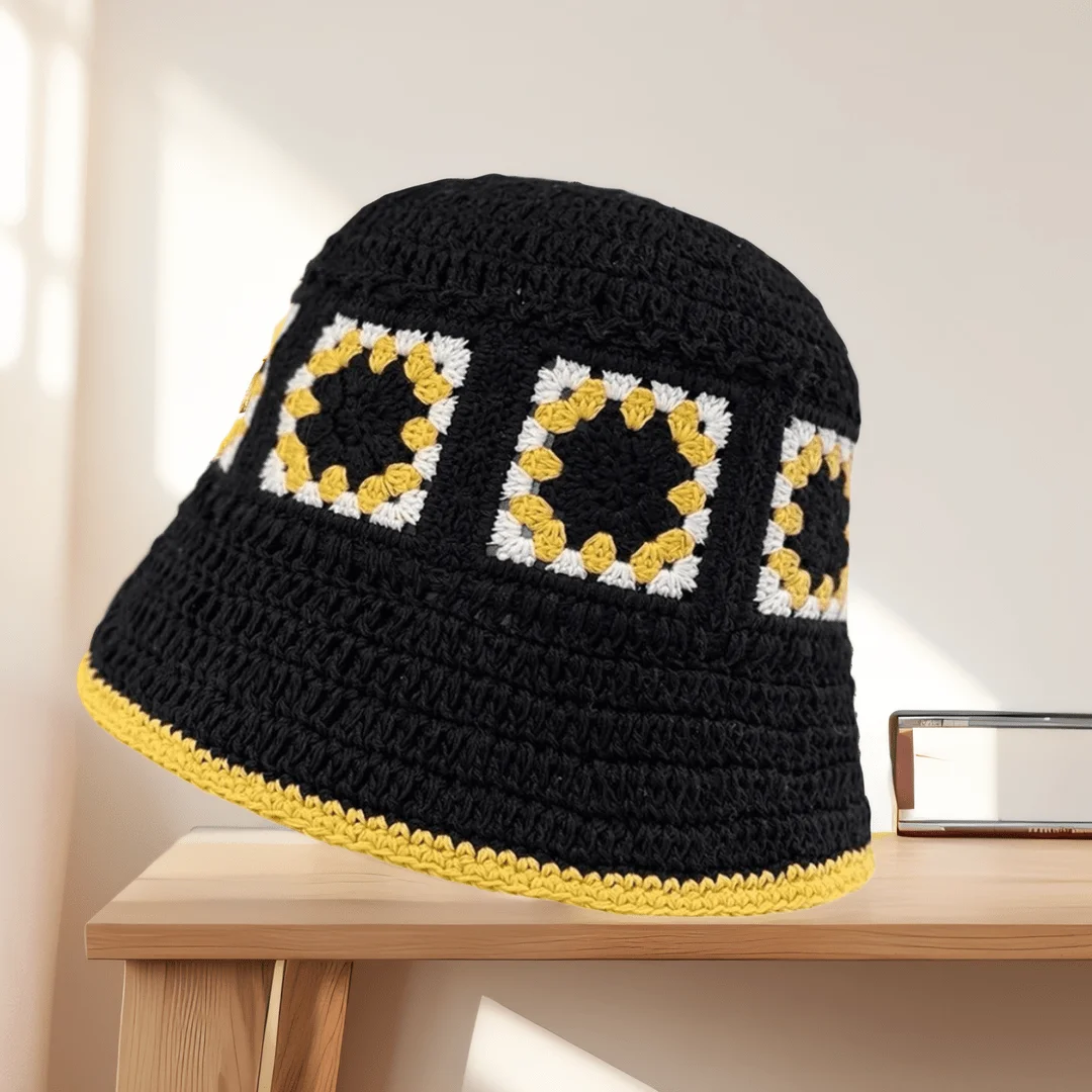 

Vintage Crochet Fisherman Hat Colorful Square Pattern Floral Design Breathable for Women Summer Vacation Beach
