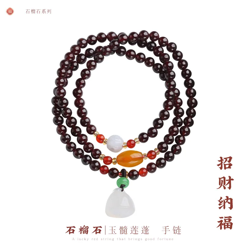 Natural Garnet Chalcedony Lotus Pod Beaded Bracelet Elegant Buddhist Prayer Bead Jewelry for Women Gifts