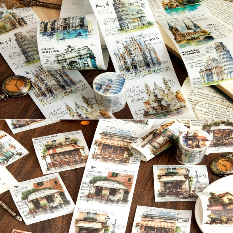 6 Volumes - Architectural Relics Art Ins Urban Architecture Exquisite Patterns and Paper Tape, Used for DIY Scrapbooks, Bookkeep