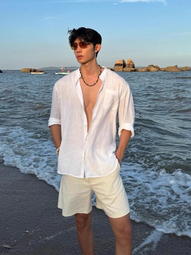 

White Linen Silk Cool Feeling Stand Collar Men's Summer Thin Sun Protection Long Sve irt Jaet Loose Fit Youth Faion