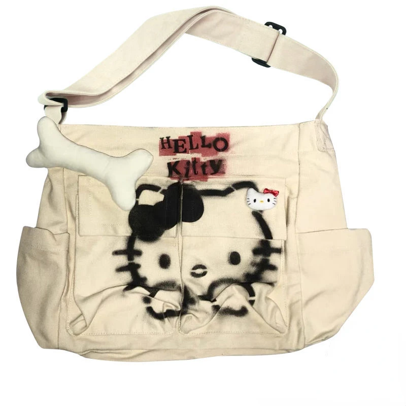 

Sanrio bag for Women Cute Hello Kitty Hand-Painted Inkjet Distressed Cotton Linen Millennium Hot Girl Messenger Trenddy Bag