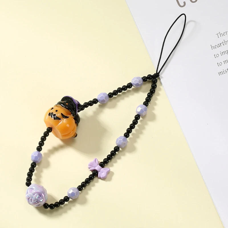 1PC Halloween Ghost Pumpkin Lamp Phone Chain Beaded Mobile Phone Lanyard Wrist Strap For Girl Anti-Lost Cellphone Strap Keychain