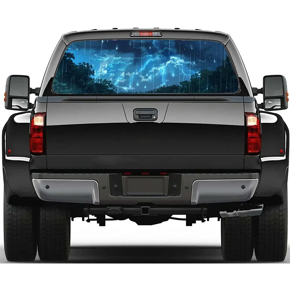 

Небесно-голубая молния, дождевик, наклейка на заднее лобовое стекло автомобиля, окно грузовика, прозрачная перфорированная виниловая наклейка на заднее окно, украшение