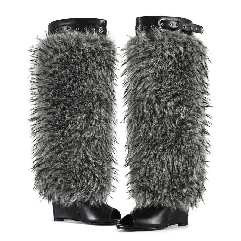 الفراء الأسود اللمحة تو أسافين كعب الجلود حذاء برقبة للركبة المرأة مثير كبيرة الحجم لينة أحذية طويلة الفاخرة مصمم 2025 جديد في الأحذية #1