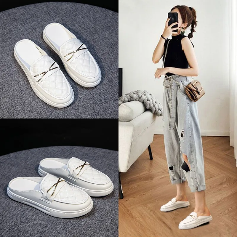 Women\'s Mules Shoes White Sandals Comfortable Fashion Designer Slipper Flat Leather Summer New 2024 Luxury Slippers for Women