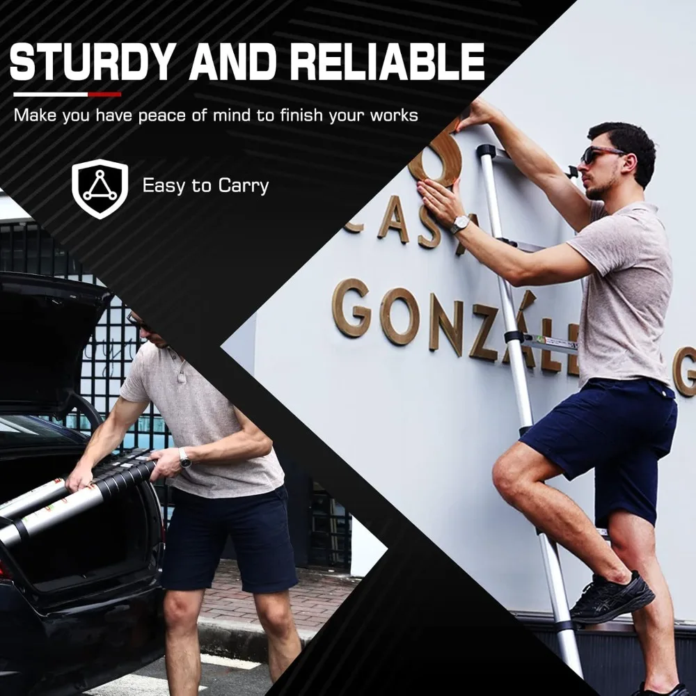 12,5 Fuß große Aluminium-Teleskopleiter mit rutschfesten Füßen, tragbare Verlängerungsleiter für den Heim- und Außenbereich, 330 Pfund Kapazität