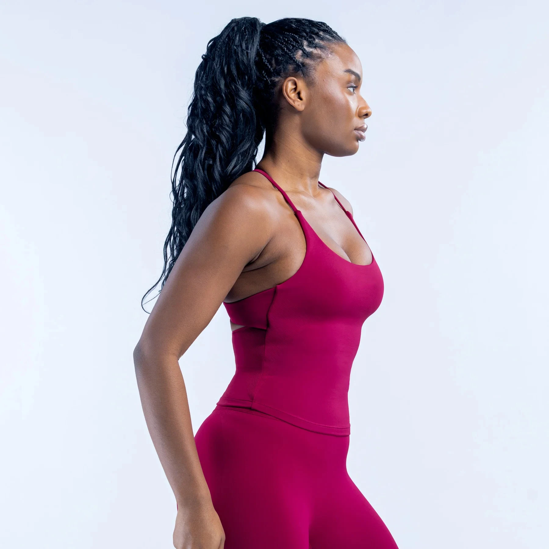 Long-length sports yoga vest with thin shoulder straps; women's sleeveless fitness top; stylish undergarment designed for back s view 5