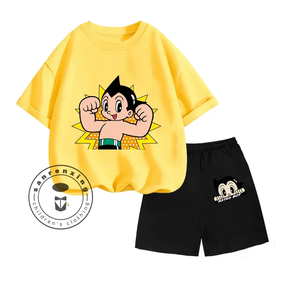 Summer Astroboy Cartoon Animated Print Design Casual Classic O-neck Short Sleeve and Stretchy Shorts Children's Two-piece Set