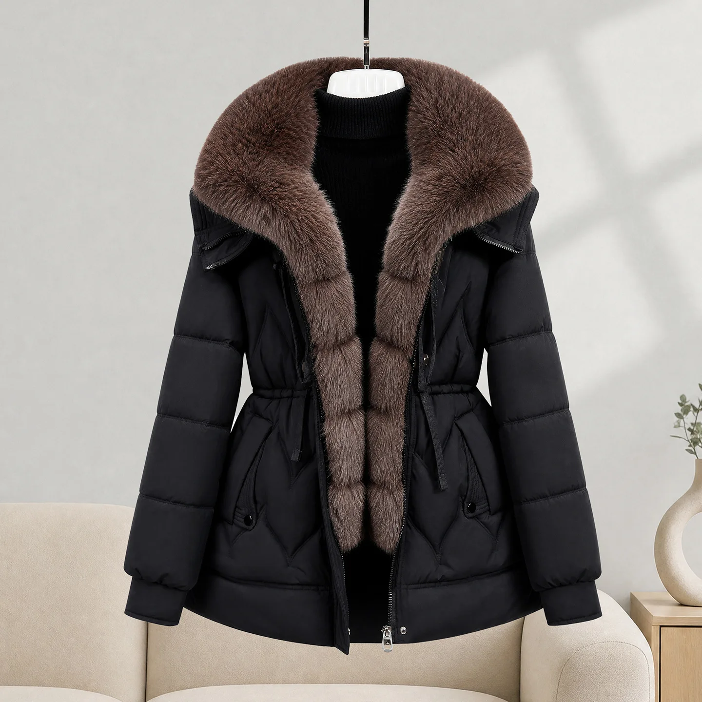 Women's Down Cotton Jacket Winter Coat Large Fur Collar Warm Mid Long Cotton Padded Jacket Female Outerwear Puffer Mujer Coats