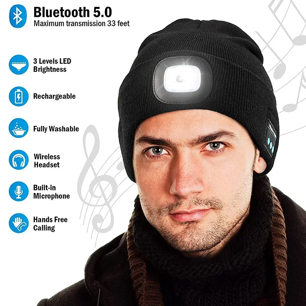 

Wireless Bluetooth Headphones Rechargeable Earphone Outdoor Winter Warm Hat Ear Muffs Headset Knitted Hat Music Caps With Light