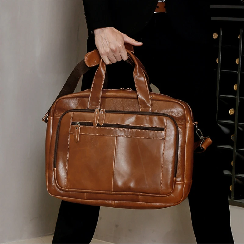 Vintage 17 นิ้วแล็ปท็อปธุรกิจกระเป๋าถือของแท้หนังผู้ชายกระเป๋าเอกสาร Cowhide ขนาดใหญ่ Messenger ไหล่ Crossbody กระเป๋า