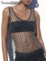Camiseta sin mangas de malla transparente negra sexi para mujer, trajes rave para Club nocturno de verano 2025, Tops y2k con diamantes de imitación para mujer, top corto para fiesta en la playa