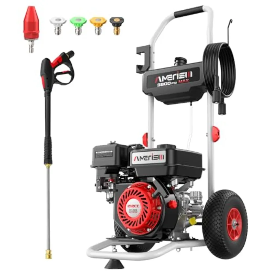 

Heavy Duty Gas Pressure Washer for Driveways Cars Patios Decks House Siding 3800 PSI 2.5 GPM 212cc 4-Stroke OHV Engine Black/Gr