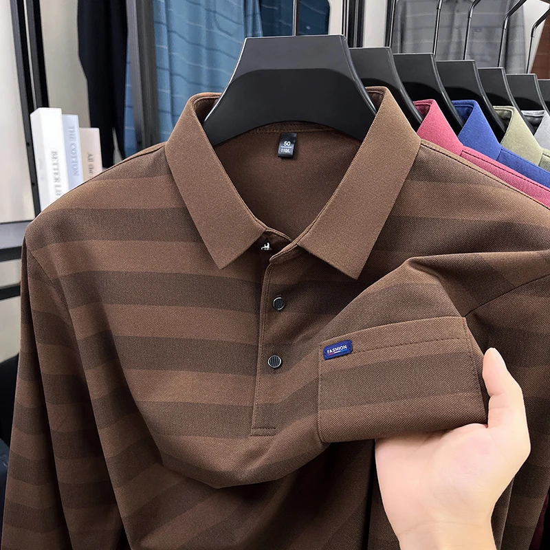 

Высокое качество, мужская рубашка поло Hot Seles, футболка с длинным рукавом и лацканами, осеннее новое поступление, полосатый карман, модная мужская одежда с защитой от катышков