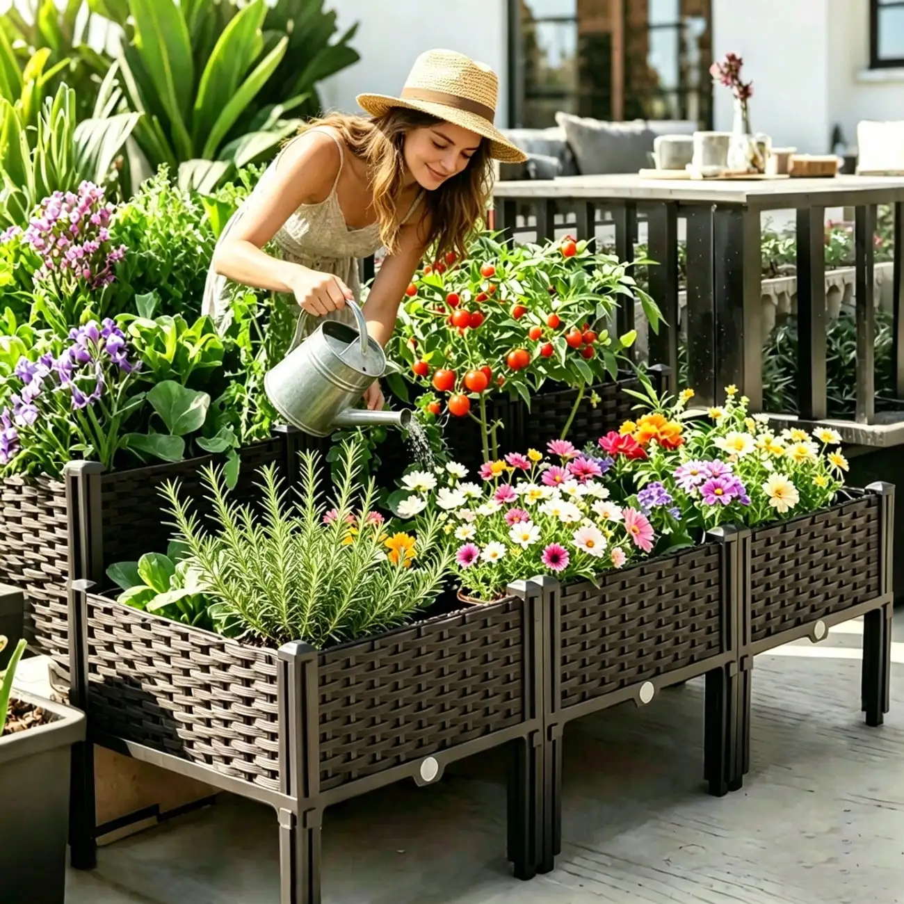 Noremoco 4-In-1 Raised Garden Bed With Legs, Classic Woven Black Plastic Planter Box, Ideal For Outdoor Use-Perfect For Growing Flowers, Vegetables And Herbs | Lightweight And Durable, Multi-Component Designed Raised Garden Bed (Tiger)