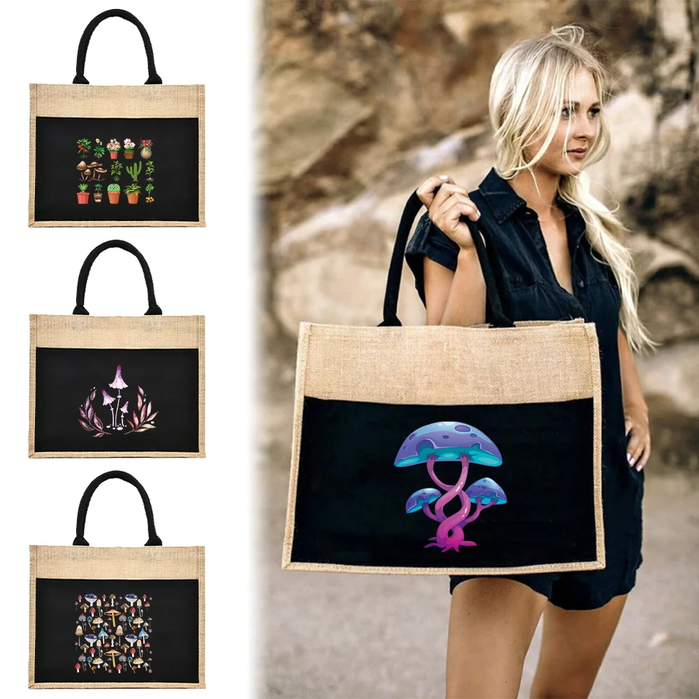 Jute Handbag Linen Shoulder Sacks Mushroom Fungi Theme Jute Imitation Sacks Linen Bags Women Shopping Tote Laminated Bags 2023