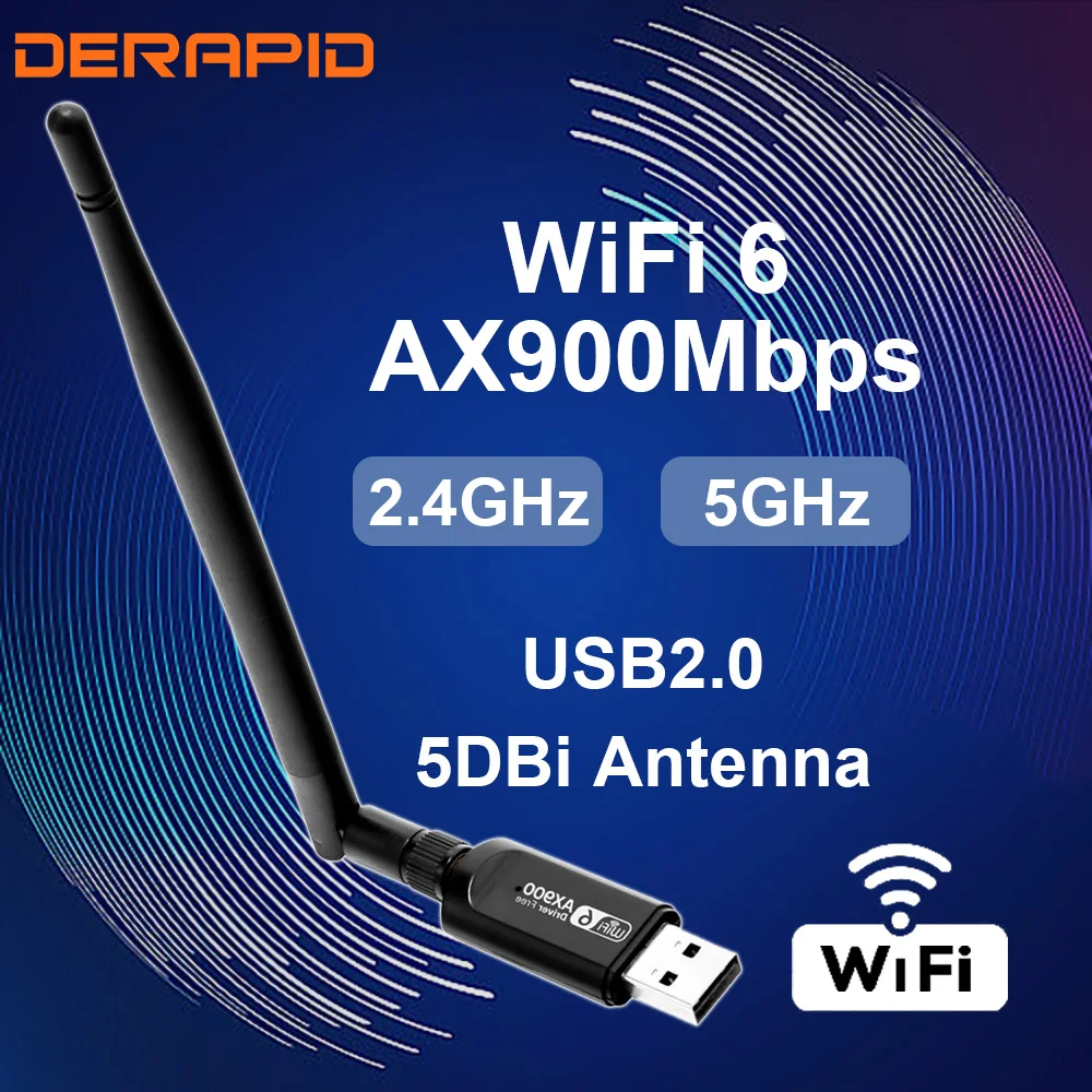 WiFi 6 AX900 USB AC Wifi Adapter 2 in 1 2.4G 5G Dual Band 5dBi Dongle Wireless WiFi Receiver For Win10 11 PC Laptop Free-Drive