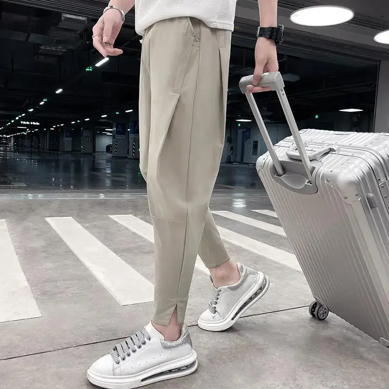 

2024 Summer Thin Fashion Loose Casual Trendy High Waist Lace Up Panel Pocket Design Feeling Small Men's Harlan Feet Pants Q47