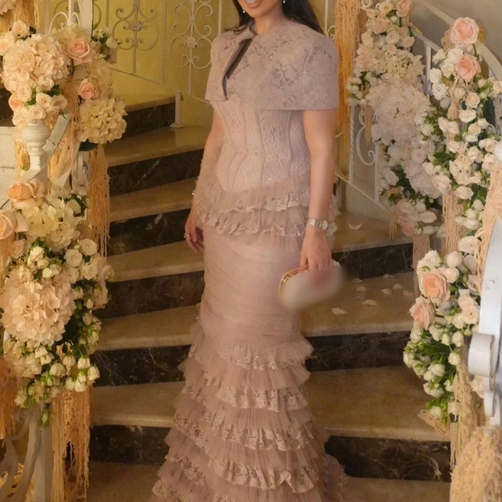 Maßgeschneiderte klassische zweiteilige Abendkleider mit Spitze, O-Ausschnitt, Trompeten-Saum, lange Kleider, Hochzeitskleid, elegant