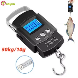50kg/10g Portable LCD Electronic Hand Scale Travel Hanging Fish Scale with 100cm Long Retractable Measuring Tape