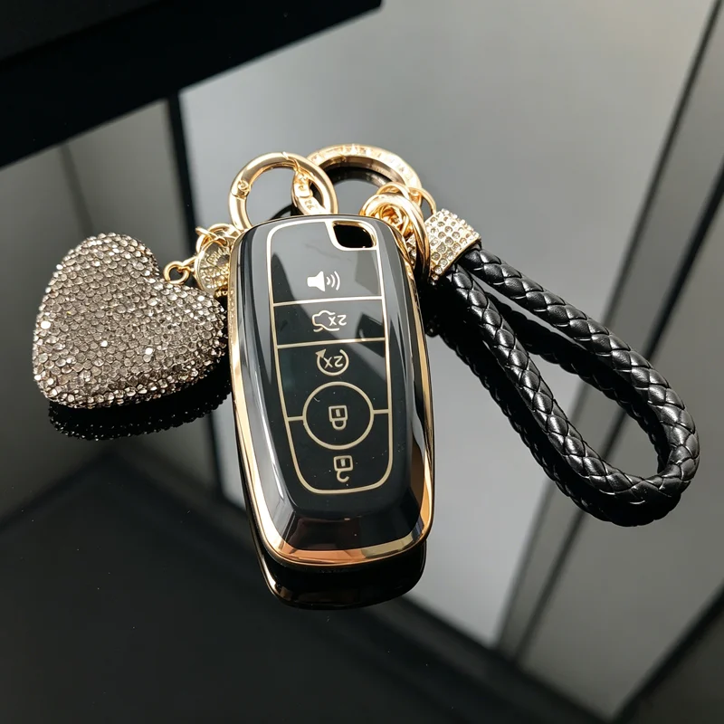 Gold Edged TPU for Ford Edge Explorer Fusion Mustang F150 F250 F-350 F-450 5 Button Remote Smart Car Key Case Cover Fob Keychain
