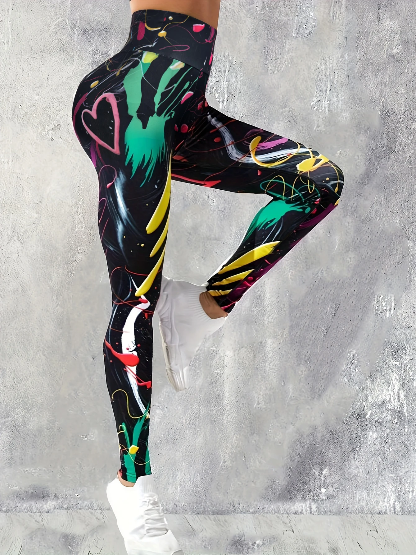 Colorful Doodle Print Yoga Pants Slimming Shape Enhancer Tummy Control Butt Lifting Four-Way Stretch Daily Sport Casual Wear