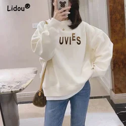 Roupa feminina outono inverno duas peças falsas sweatshirts nova manga longa pelúcia espessamento impressão carta all-match o-collar topo