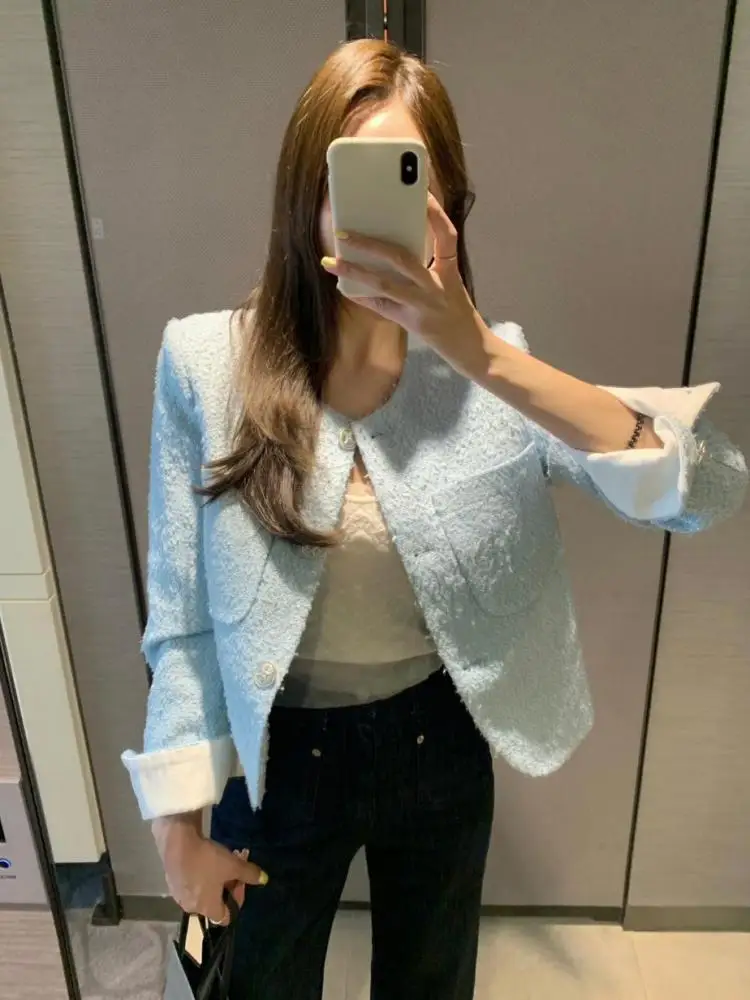 

Spring Autumn Xiaoxiangfeng Round Neck Short Woolen Coat Women Long Sleeved Korean Ladies Fashion Single Breasted Holiday Jacket