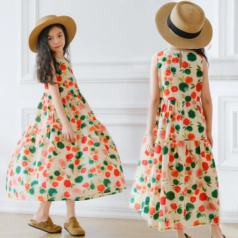 فستان صيفي للفتيات فستان جميل بدون أكمام لقضاء العطلات على الشاطئ فستان صيفي طويل مطبوع للأطفال فستان ماكسي كاجوال 10 سنوات