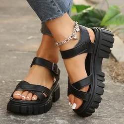 2025 New Summer Women Sandals Female Platform Open-toe Thick Bottom Party Shoes Ladies Metal Chain Buckle Strap Casual Footwear
