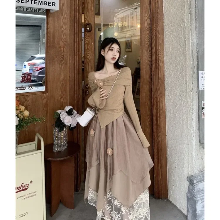 Fashion Irregular Long Sleeve Slim Fit Tops Women+ Y2k E-Girl High Waist Ruched A-line Skirts 2024 Autumn Two Piece Sets