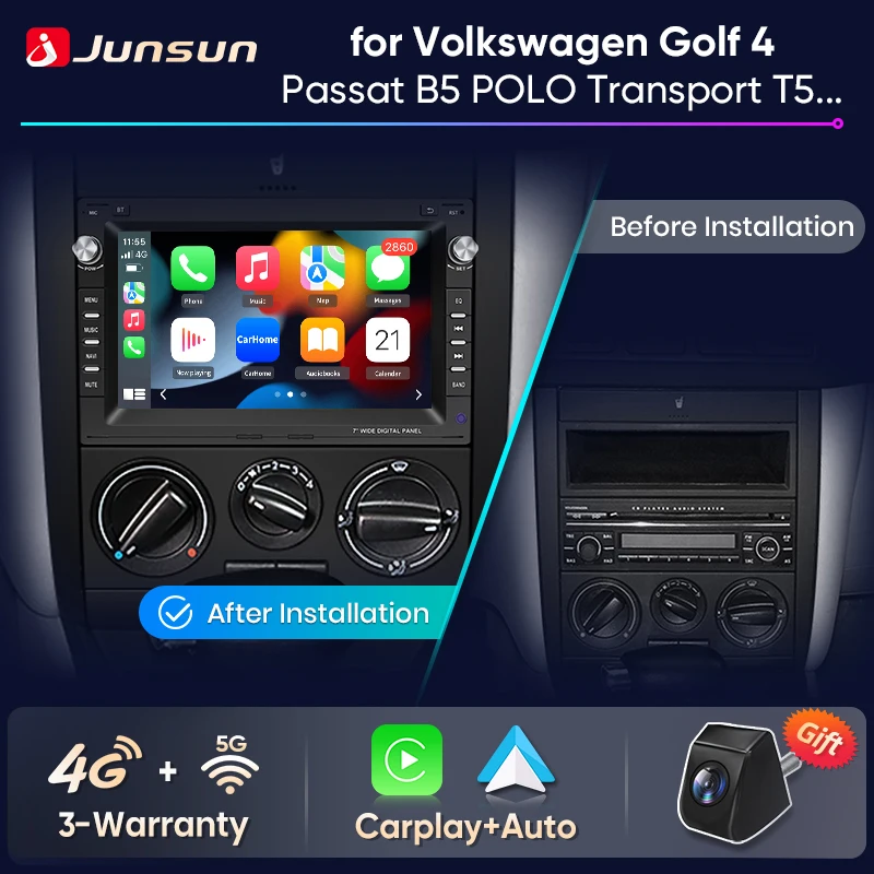 Junsun Carplay Android Auto Radio pour VW Golf 4 Passat POLO Transport T5 Multivan siège Jetta voiture systèmes Intellielligent stéréo