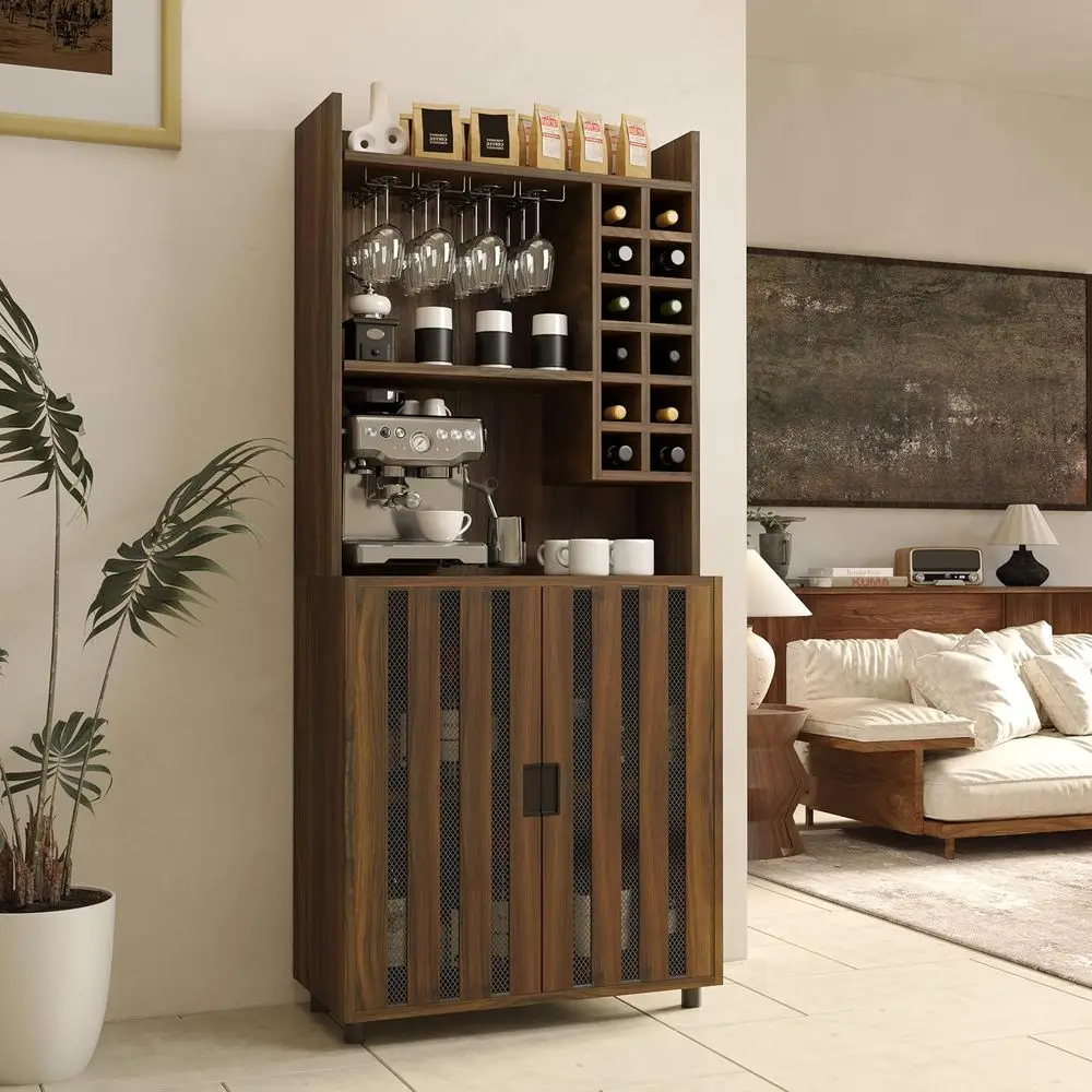 

12-Bottle Rustic Brown Wine Cabinet, Kitchen Hutch Storage, Dining Room Sideboard, Living Room Buffet Table, Hallway Storage