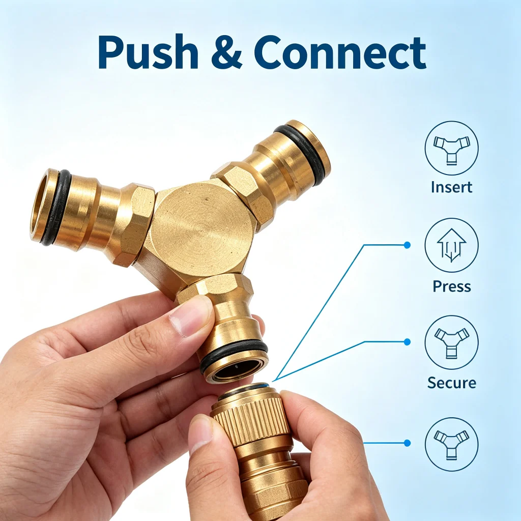 Water hose splitter brass tee adapter 1/2'' to 3/4'' for faucet connection dual outlet copper material 5.7 x 1.6 cm