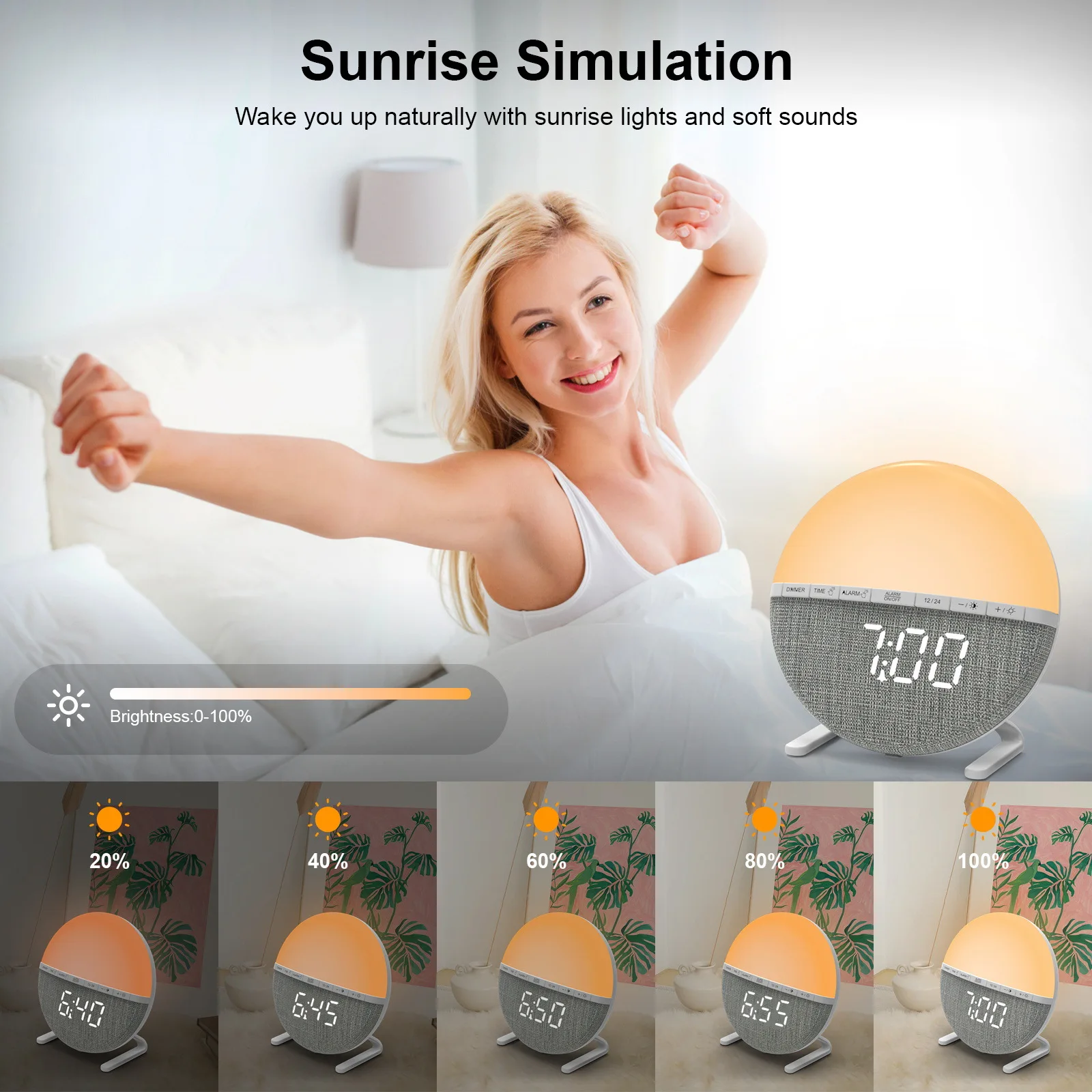 LED Wake Up Light Alarm Clock Simulated Sunrise Smart Digital Clock for Students and Home Use