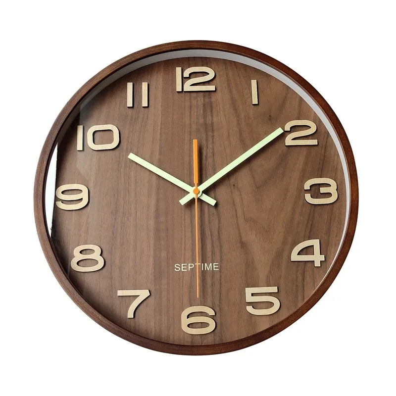 

14-дюймовые настенные часы из массива дерева, трехмерные цифровые бесшумные бытовые часы, круглые часы