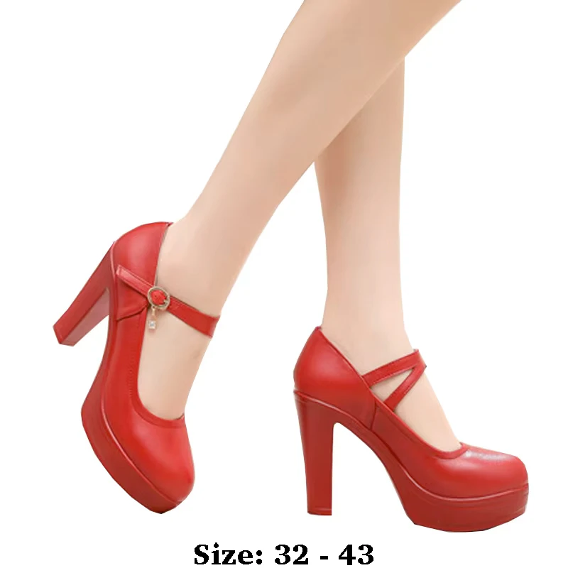 

high quality leather shoe for women 6cm 8cm 10cm high heel platform round toe 32 33 43 elegant fashion shoe black white silver