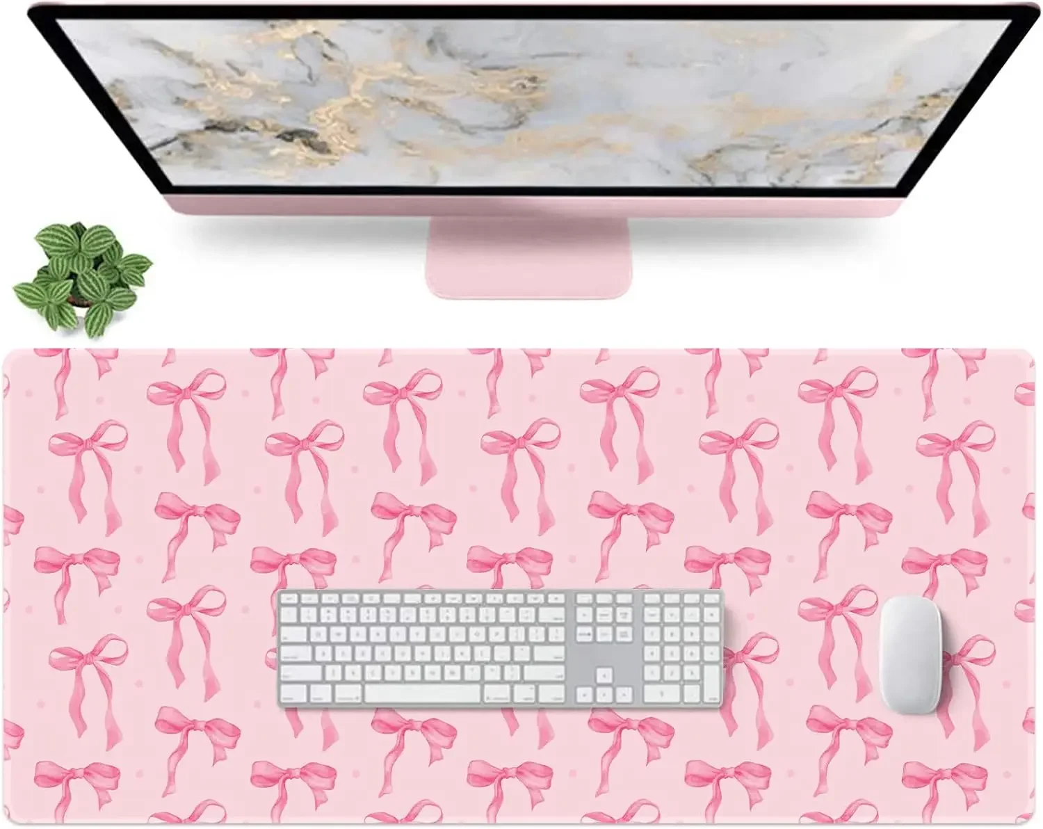 Sweet Pink Dot Bow Mouse Pad, Watercolor Ribbon Knot Pattern Non Slip Desk Mat for Gamers Office Home Keyboard Desktop Decor