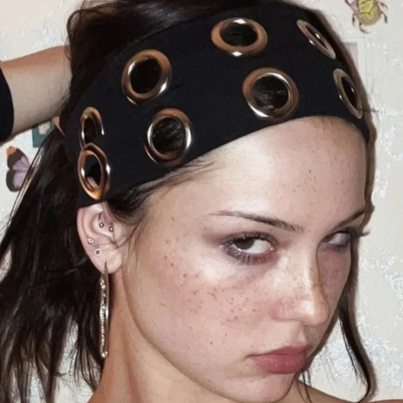 

Аксессуары для волос для женщин, панк-девушка, выдолбленные люверсы, широкая эластичная повязка на голову, эластичный металлический рок-стимпанк для спортивных повязок на голову