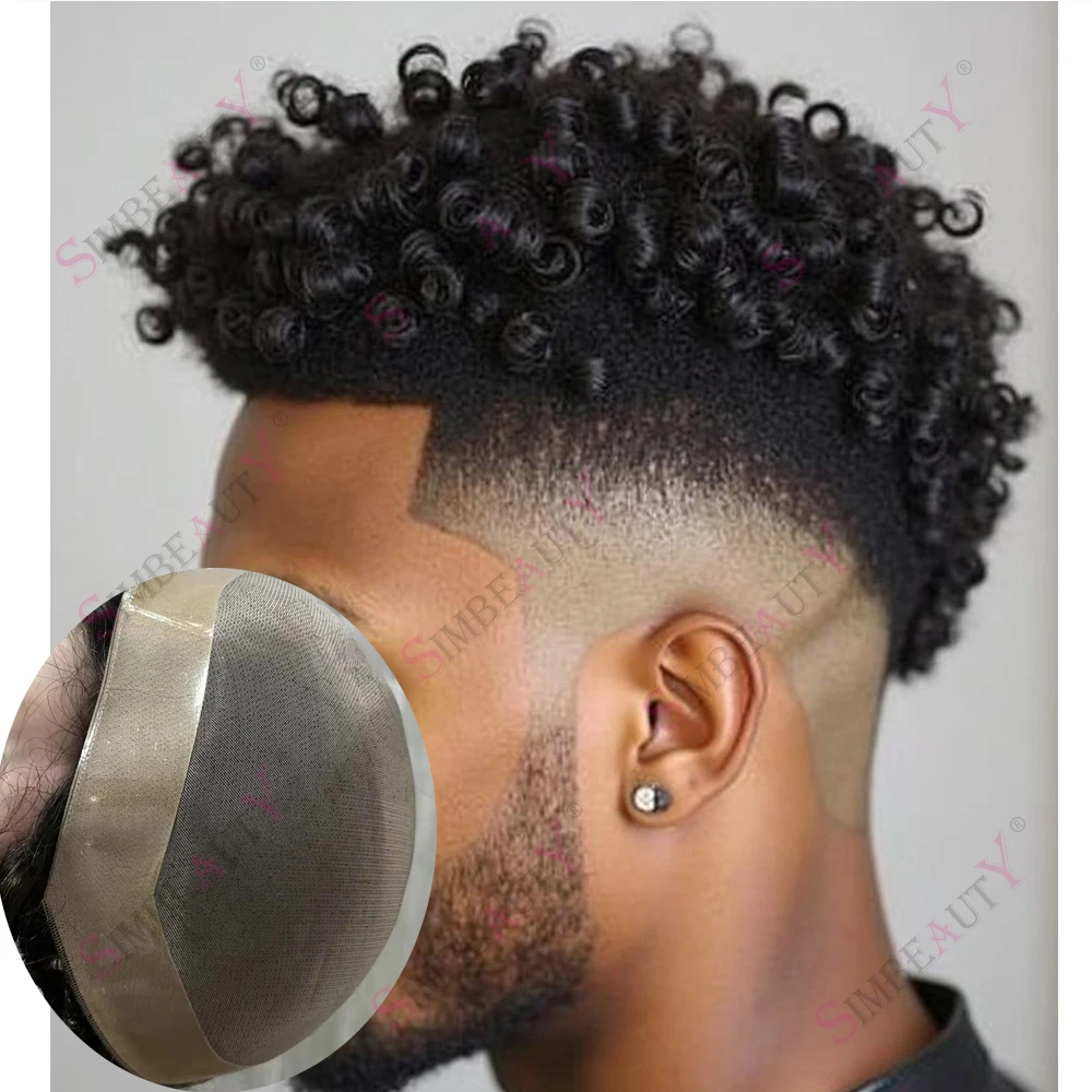 

Undetectable Natural Hairline Men's 15mm Afro Curly Human Hair Wig Jet Black #1 #2 Brown Cheap Fine Mono Base Durable Man Toupee