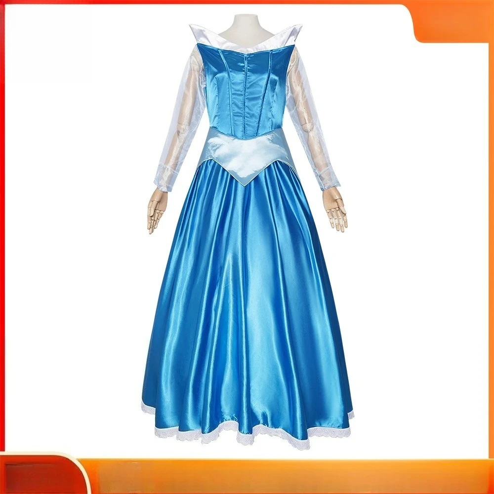 

Cosplay Gown - Shimmering Blue Satin Dress with White Collar & Sheer Sleeves, Classic Fairy Tale Attire for Costume Parties