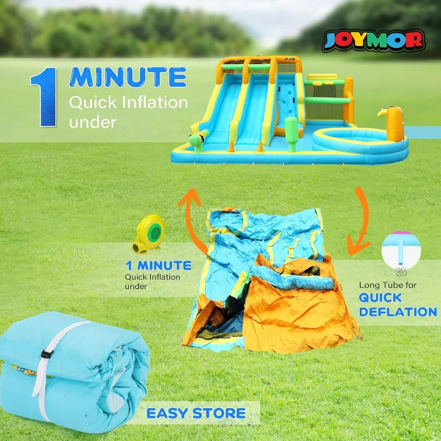 Toboggan gonflable 11 en 1 pour enfants dans l'arrière-cour avec 2 toboggans d'eau, 2 cerceaux de basket-ball, piscine, mur d'escalade, blasters d'eau, 1 min