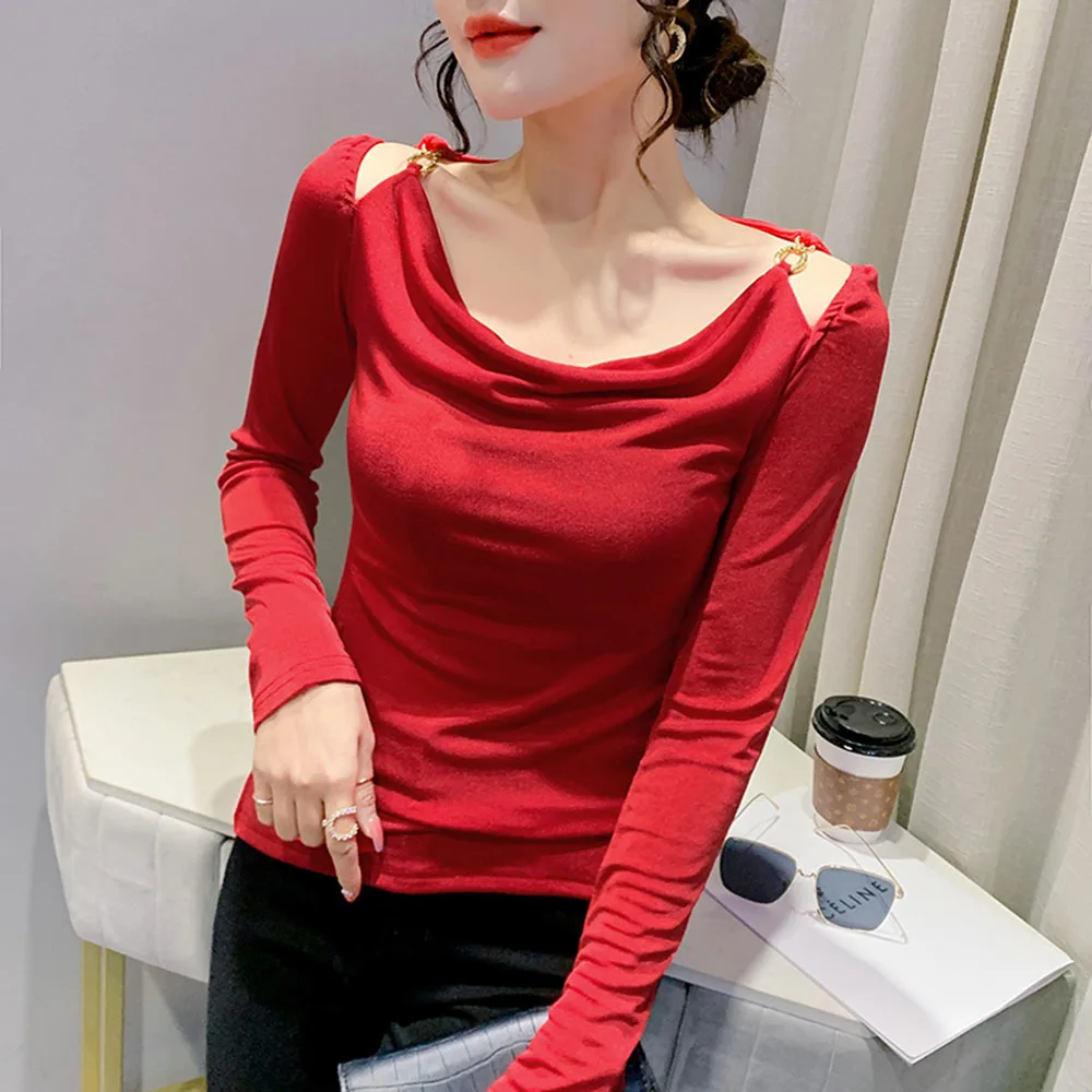 Draped Collar Long Sleeve Cotton T Shirt Women Sexy Club Women\'s T-shirt High Quality Fashion Off Shoulder Cutout Top Female Tee