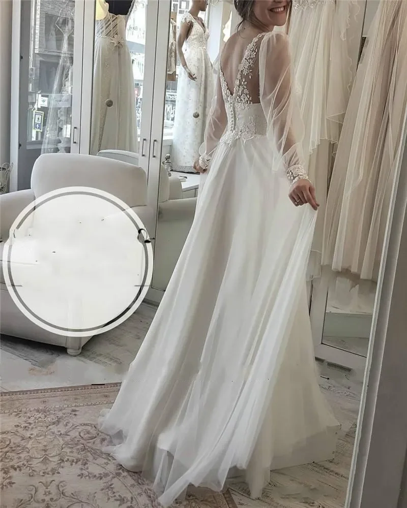 2024 Beautiful V Neck Lace Puffy Sleeve Wedding Dresses A Line Bohemian Arabic Plus Size Vestido De Noiva Appliques Bridal Gowns