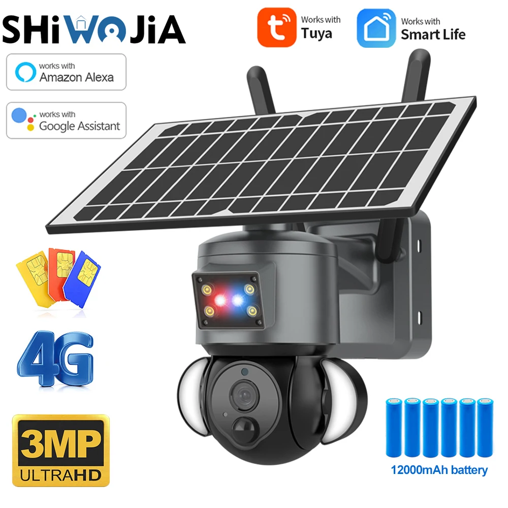 SHIWOJIA 3MP 4G SIM telecamera solare esterna 360 ° Smart Cloud WIFI telecamere di sicurezza supporto di sorveglianza Google Home Alexa Video CAM